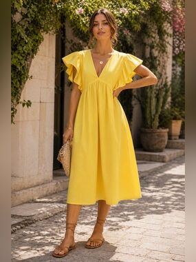 Maeve Yellow Flutter Sleeve Babydoll Midi Dress Size S